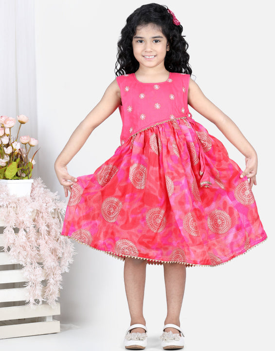 Pink Foil Printed and Embroidered Dress