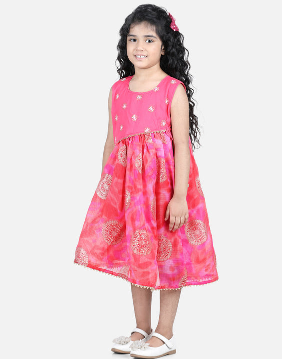 Pink Foil Printed and Embroidered Dress