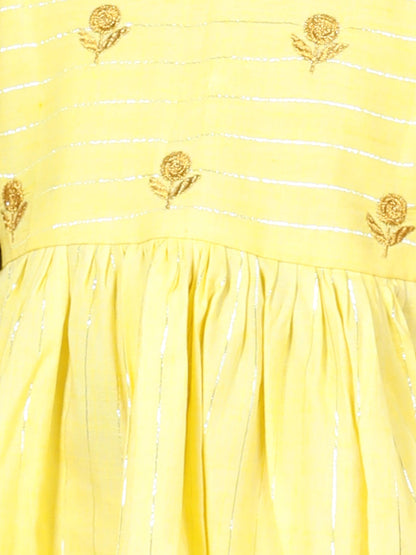 Sleeveless Cotton Lurex Zari Ethnic Dress with Embroidered Yoke Detailing