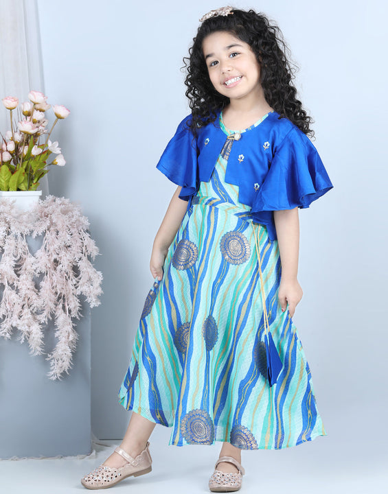 Blue Foil Printed Dress with embroidered Jacket
