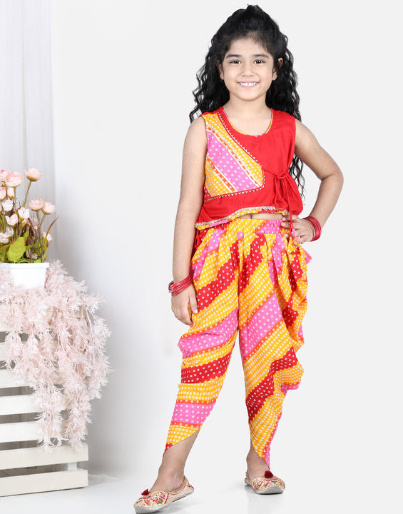 Sleeveless Leheriya Detail Top With Attached Jacket And Dhoti
