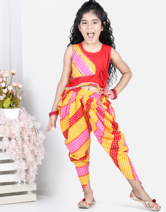Sleeveless Leheriya Detail Top With Attached Jacket And Dhoti