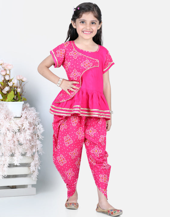Pink Leheriya Detail Top With Attached Jacket And Dhoti
