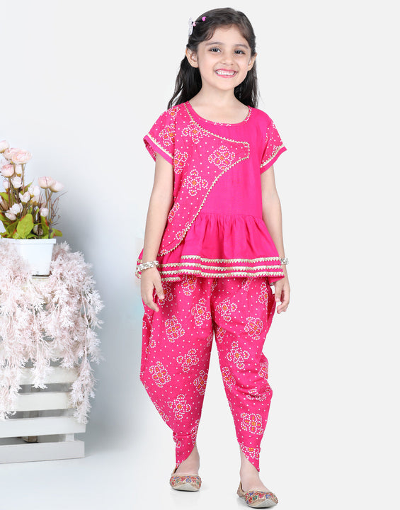 Pink Leheriya Detail Top With Attached Jacket And Dhoti