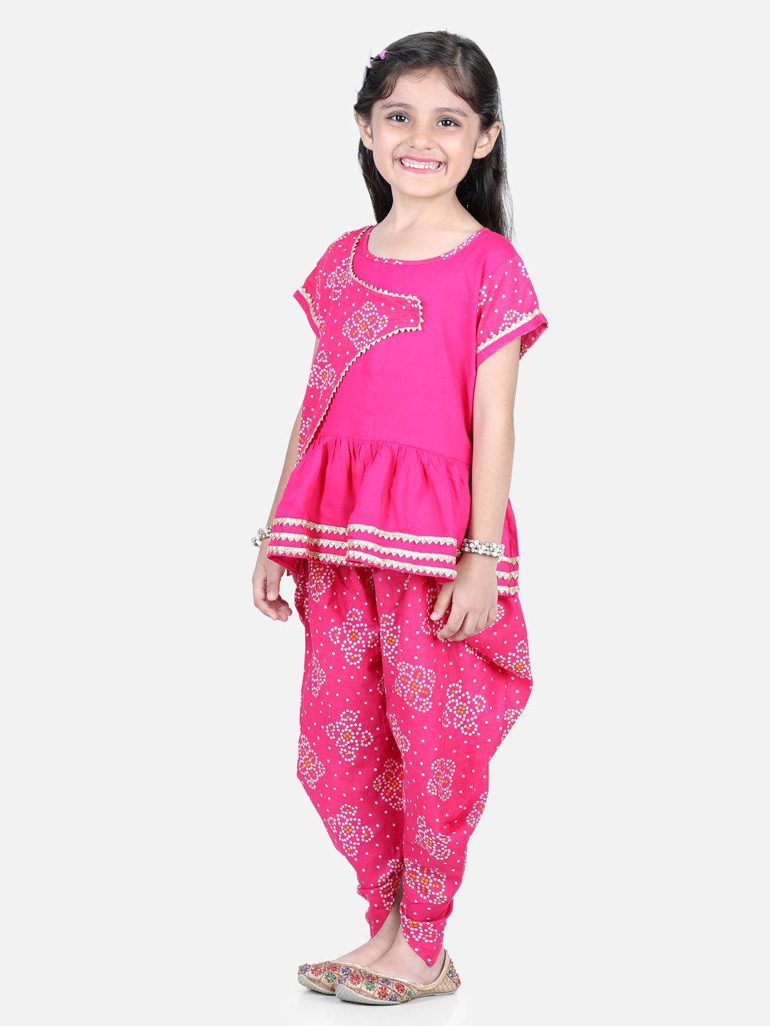Pink Leheriya Detail Top With Attached Jacket And Dhoti