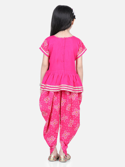Pink Leheriya Detail Top With Attached Jacket And Dhoti