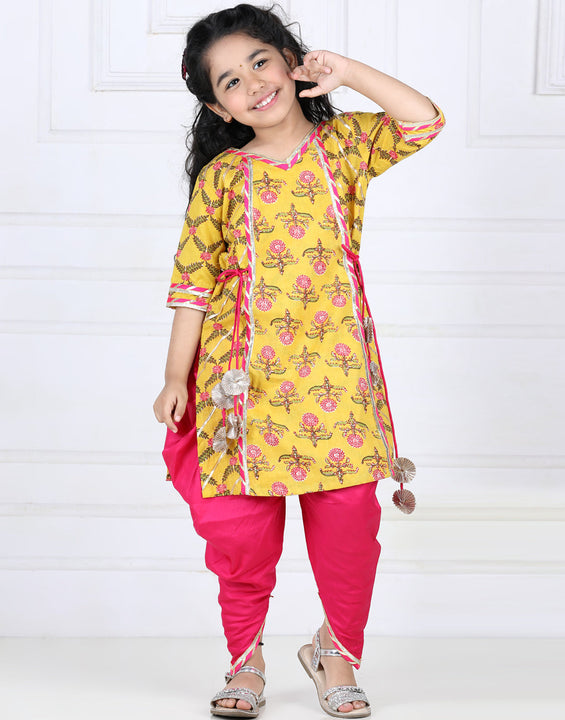 Yellor kurti and Pink Dhoti