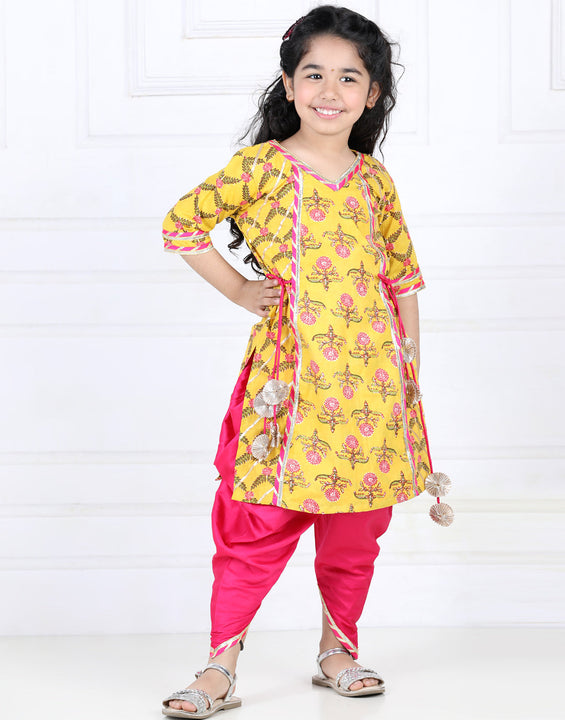 Yellor kurti and Pink Dhoti