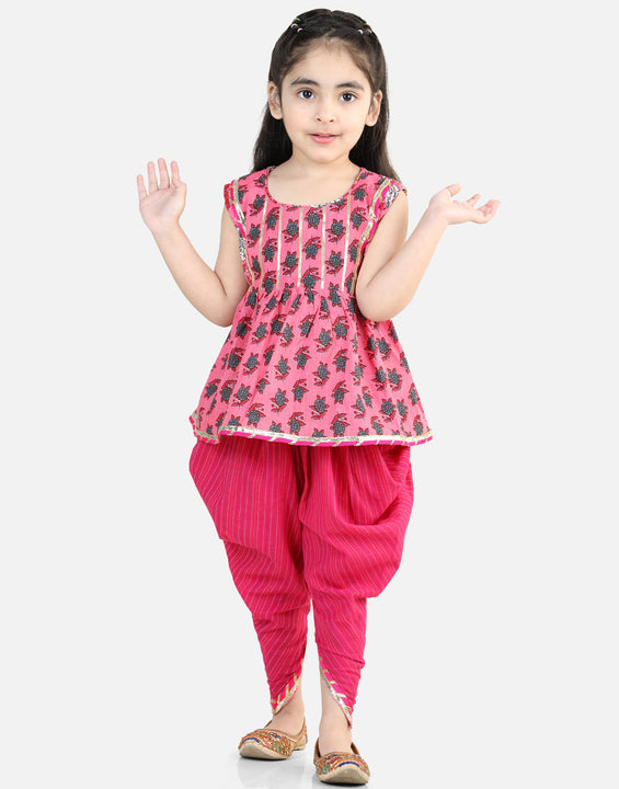 Pink Floral Lace work kurti with dhoti