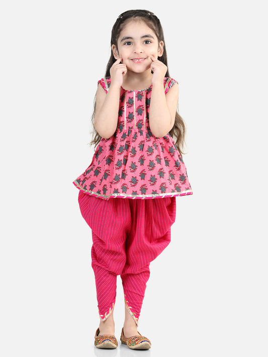 Pink Floral Lace work kurti with dhoti