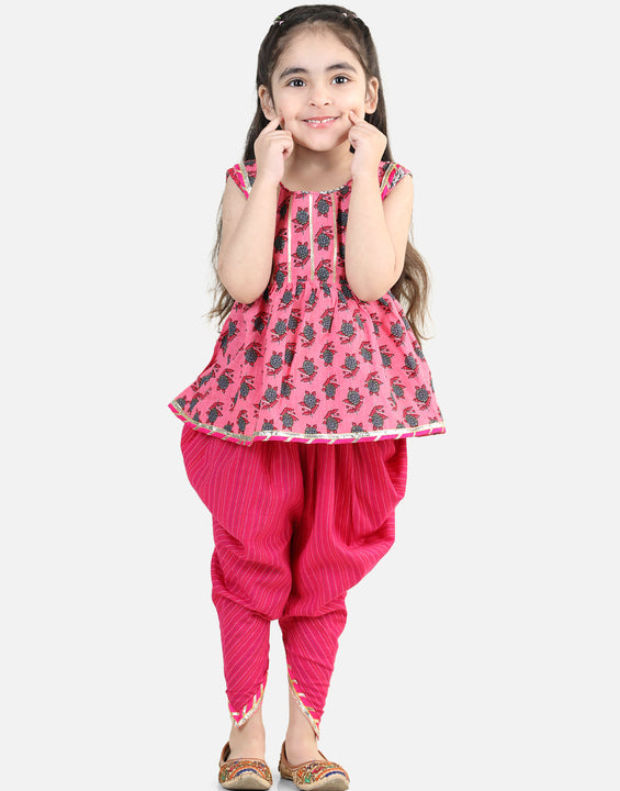 Pink Floral Lace work kurti with dhoti