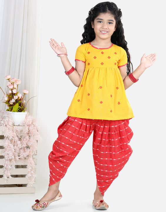 Yellow Embroidered Kurta With Red Katha Printed Dhoti