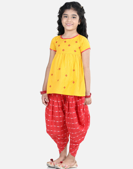 Yellow Embroidered Kurta With Red Katha Printed Dhoti