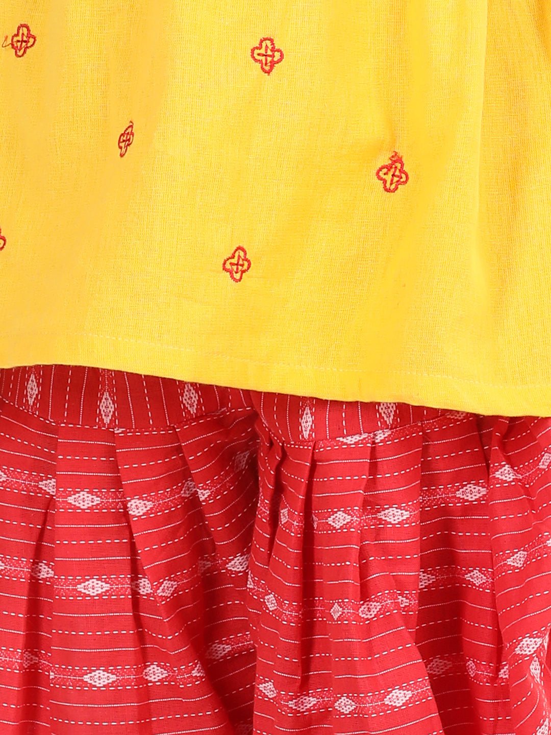 Yellow Embroidered Kurta With Red Katha Printed Dhoti