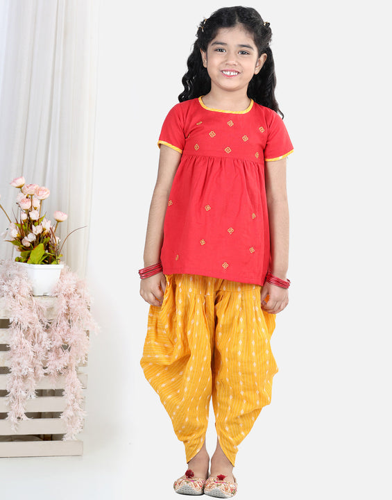 Red embroidered kurta with yellow katha printed dhoti
