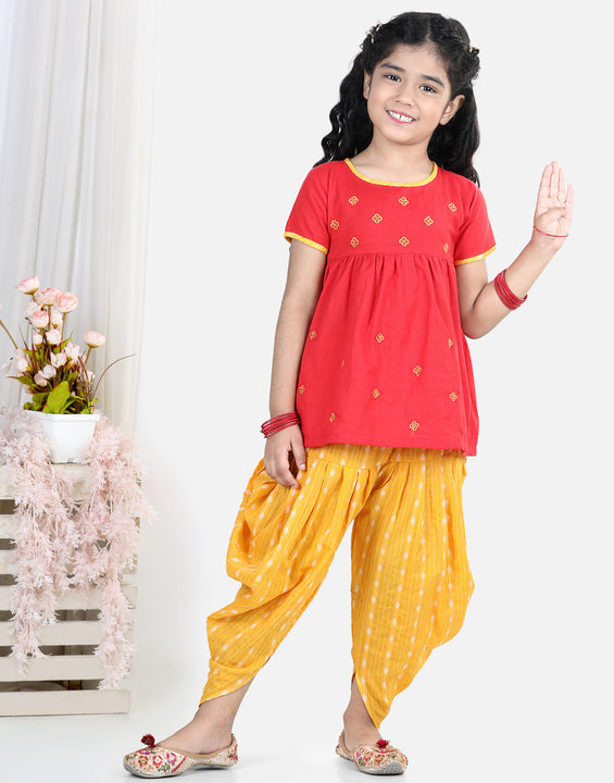 Red embroidered kurta with yellow katha printed dhoti