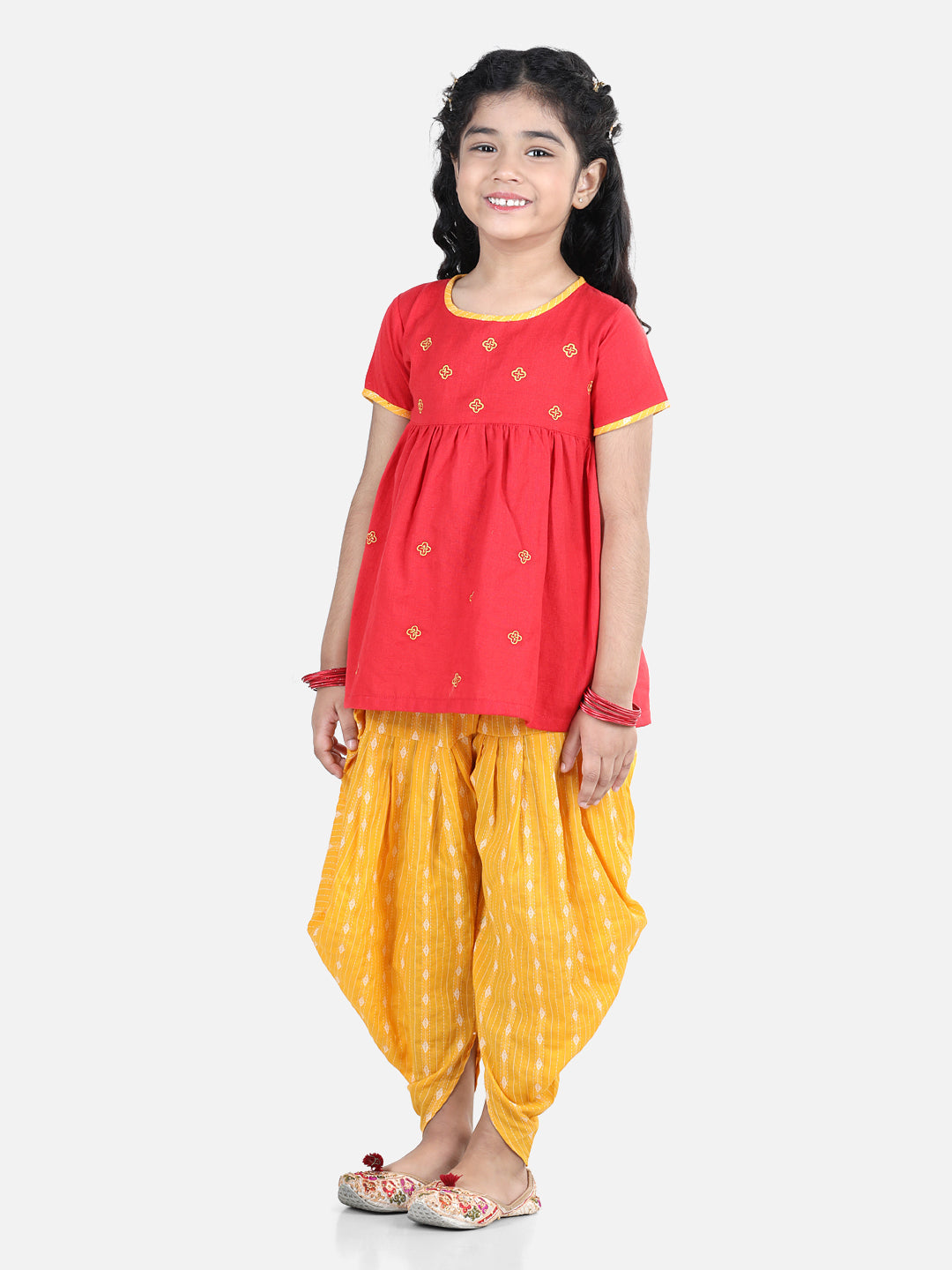Red embroidered kurta with yellow katha printed dhoti