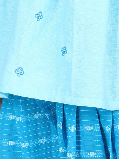 Blue Embroidered Kurta With Katha Printed Dhoti
