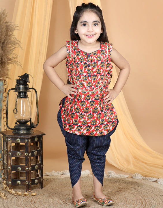 Red Prented Kurti and Malti Blue Dhoti