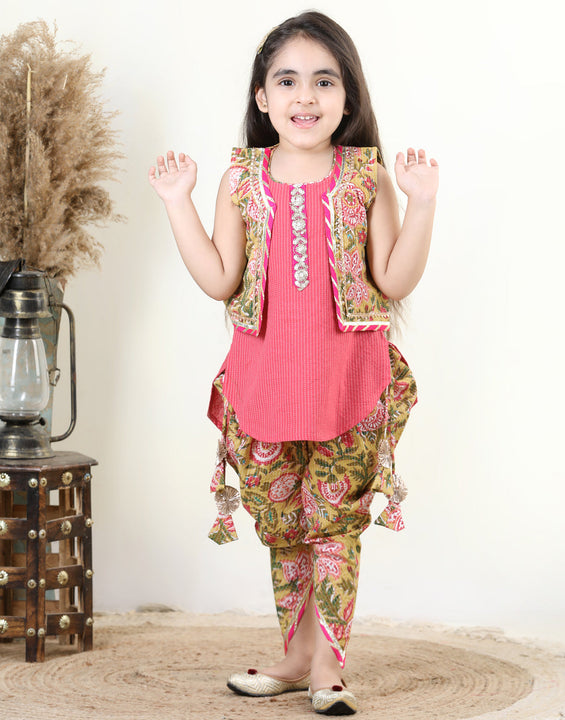Floral printed dhoti and Jacket and Lace worked Kurti- Green, Peach