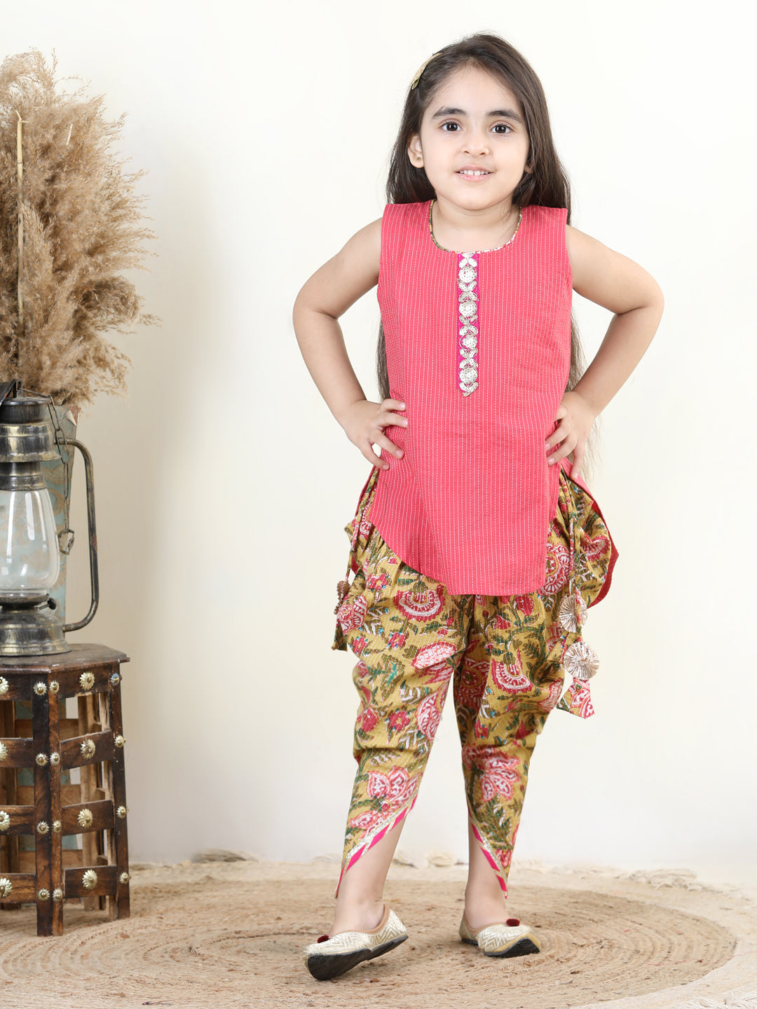 Floral printed dhoti and Jacket and Lace worked Kurti- Green, Peach