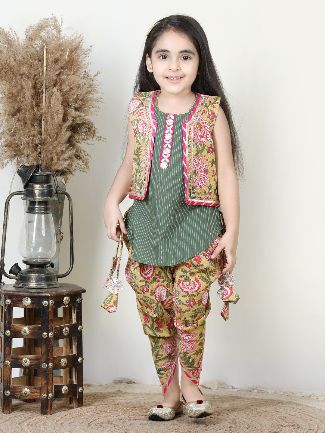 Floral printed dhoti and Jacket and Lace worked Kurti- Green