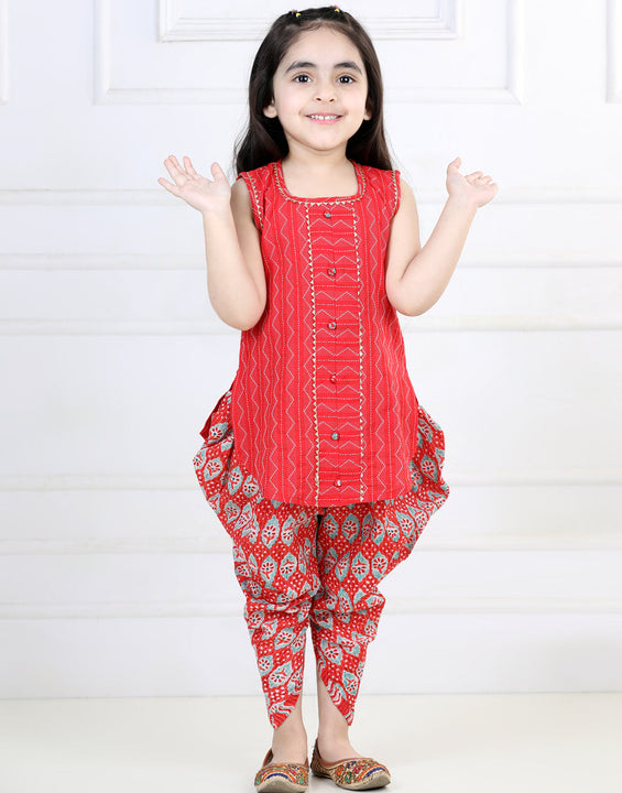 Red Katha Sleeveless Kurta with Printed Dhoti