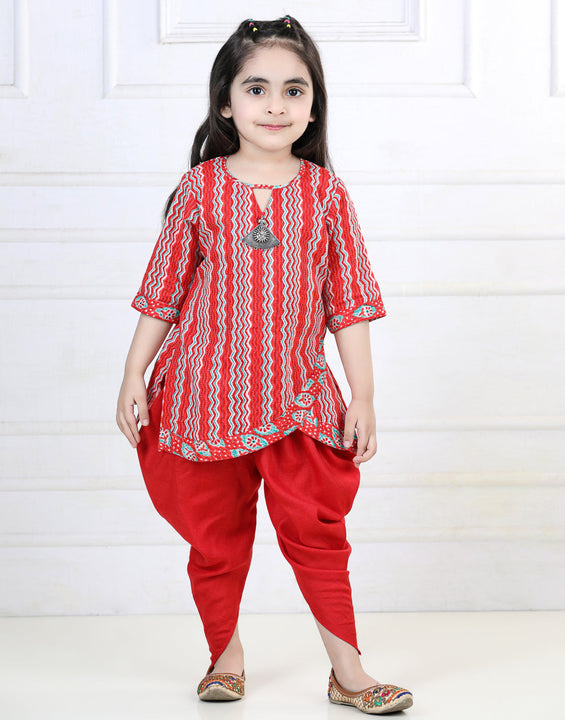 Red Katha Printed Kurta with Dhoti