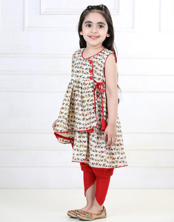 Camel Printed Kurta with Red Dhoti
