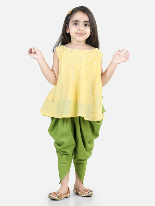Yellow Self Design Jaquard peplum top with Green Dhoti