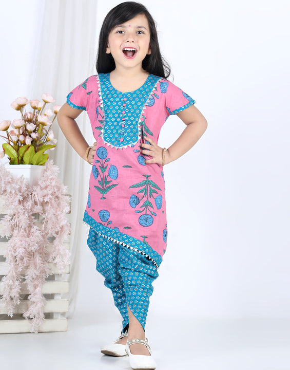 Short Sleeves Flower Print Kurti With Printed Dhoti Pants