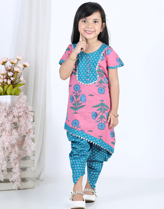 Short Sleeves Flower Print Kurti With Printed Dhoti Pants