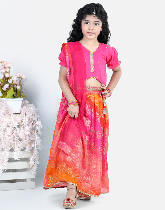 Pink embroidered Top with bhandhani Lehenga and dupatta