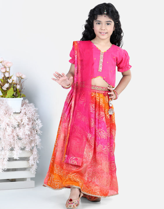 Pink embroidered Top with bhandhani Lehenga and dupatta