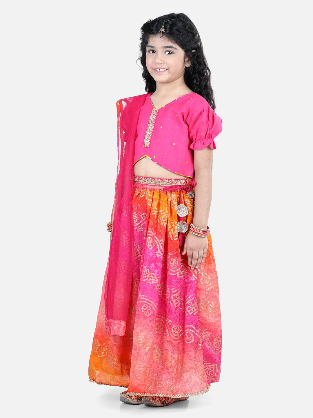 Pink embroidered Top with bhandhani Lehenga and dupatta