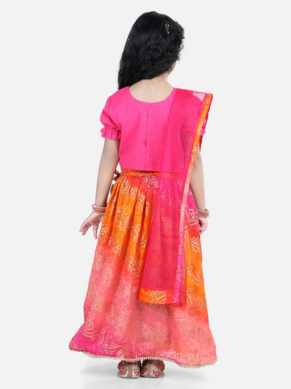 Pink embroidered Top with bhandhani Lehenga and dupatta
