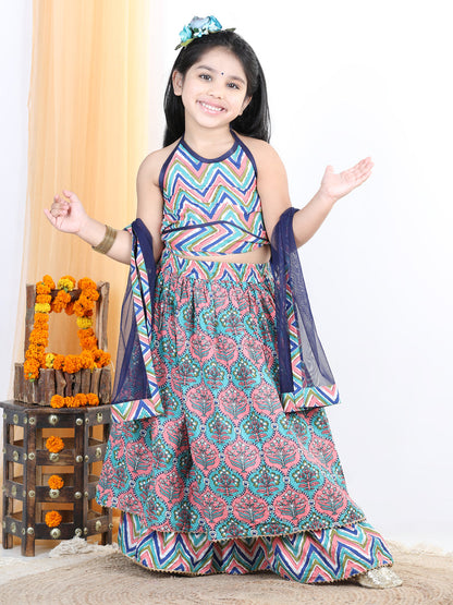 Floral Printed Stripped Bottom Work Skirt & Blouse With Dupatta