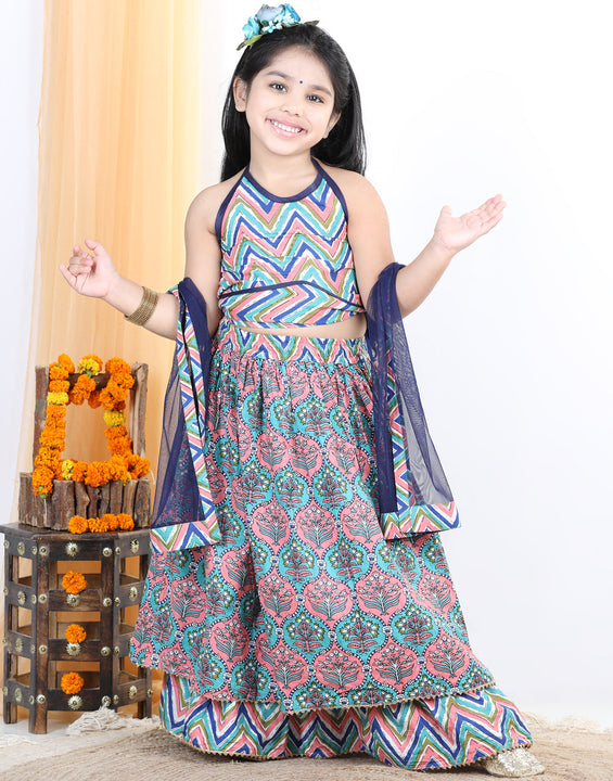 Floral Printed Stripped Bottom Work Skirt & Blouse With Dupatta