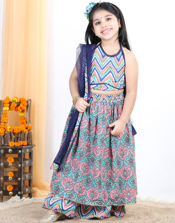 Floral Printed Stripped Bottom Work Skirt & Blouse With Dupatta