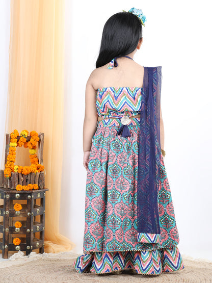 Floral Printed Stripped Bottom Work Skirt & Blouse With Dupatta