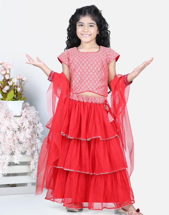 Cap Sleeves Frilled Lehenga With Lace Embroidered Top & Dupatta