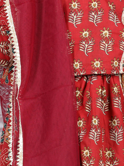 Red motif printed lace embellished top with lehenga and dupatta