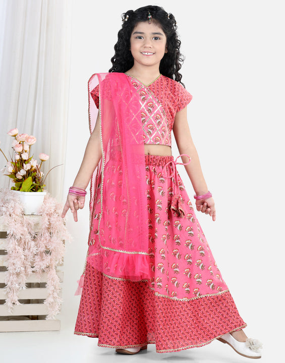 Pink floral printed lace embellished top with stripped lehenga and dupatta