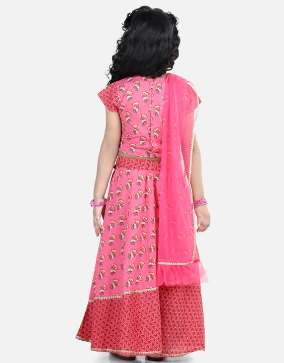 Pink floral printed lace embellished top with stripped lehenga and dupatta
