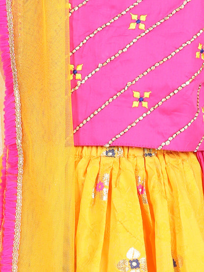 Pink brocade top with yellow lehenga and dupatta