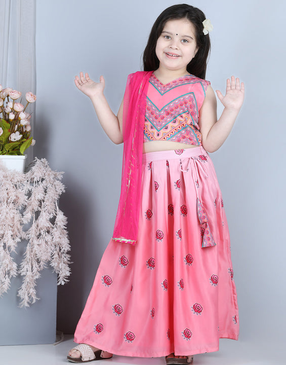 Pink Roses Printed Top With Lehenga And Dupatta