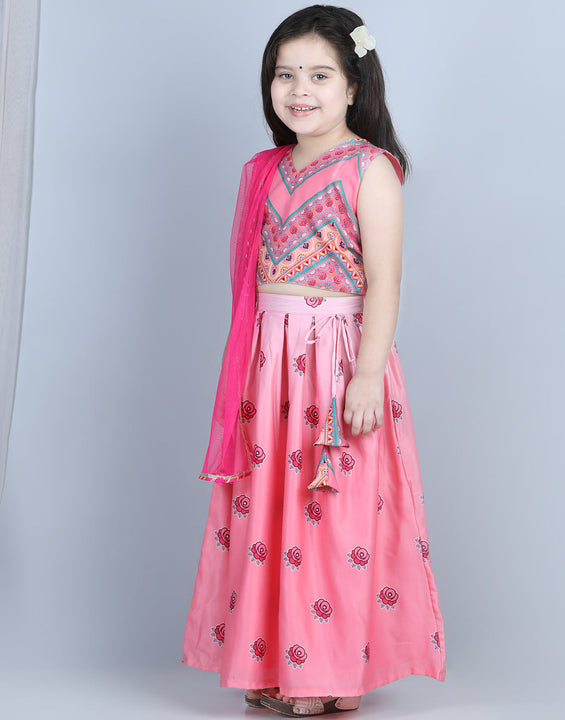 Pink Roses Printed Top With Lehenga And Dupatta