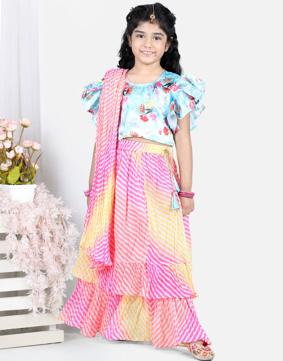Half Flutter Sleeves Seamless Floral Printed Choli With Layered Leheriya Lehenga