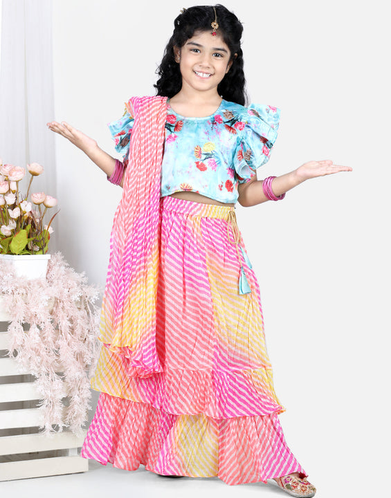 Half Flutter Sleeves Seamless Floral Printed Choli With Layered Leheriya Lehenga