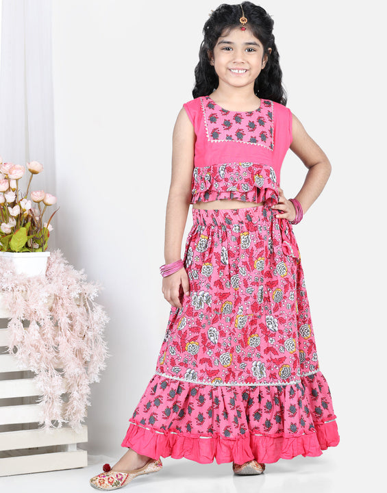 Pink Floral Printed Peplum Choli With Printed Layered Lehenga